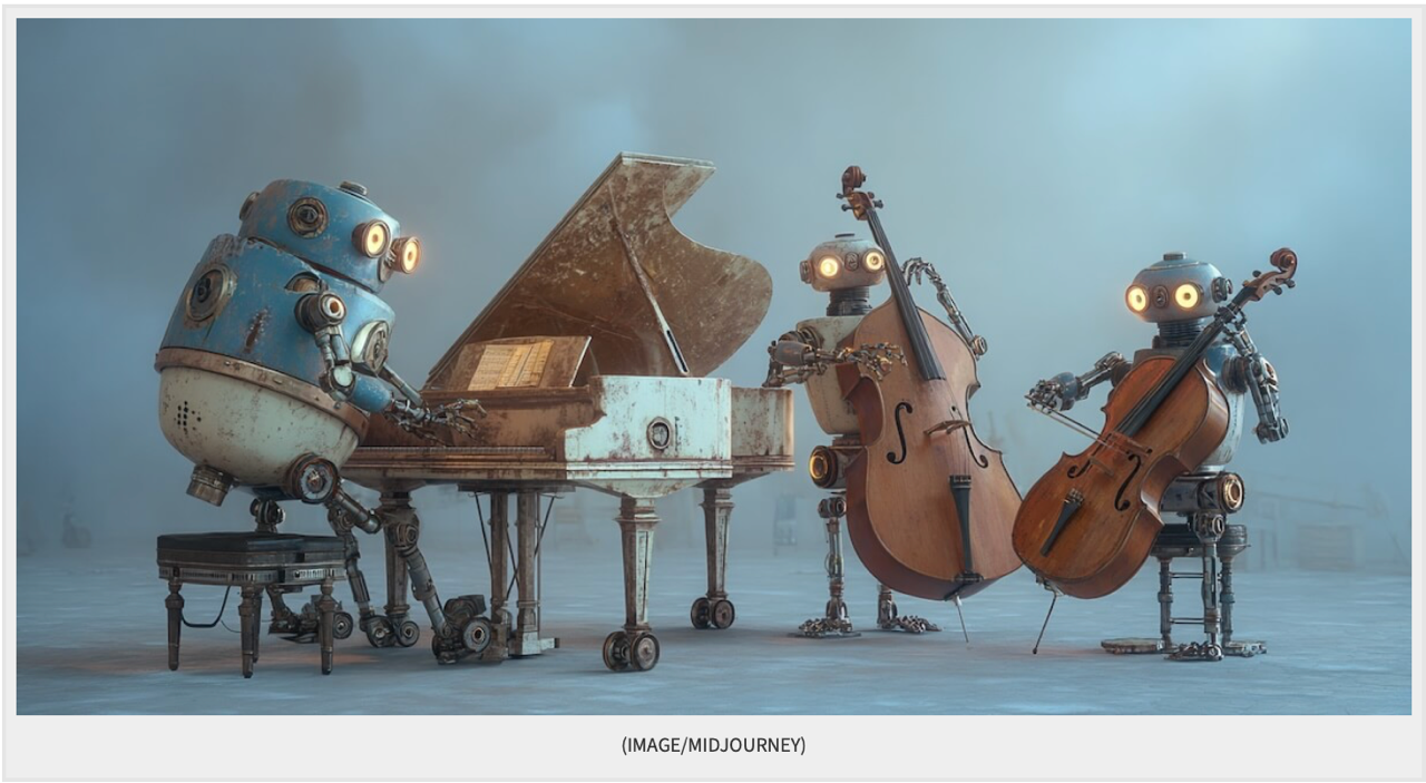 Rendering of machines playing music, made by Marc Ballon using Midjourney.